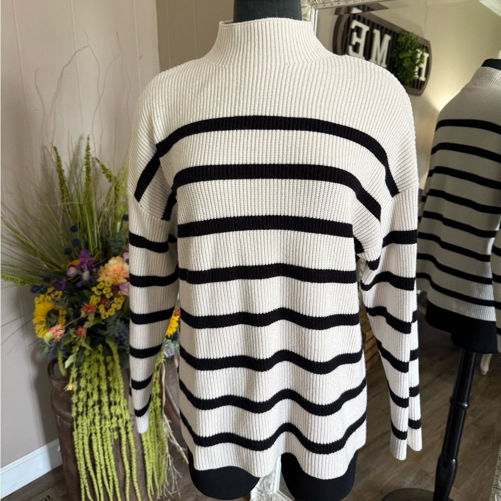 MNG • Mango • Mock Neck Striped Ribbed Sweater